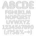 Black and white alphabet, letters, numbers and signs from round layers. Set of vector isolated objects.